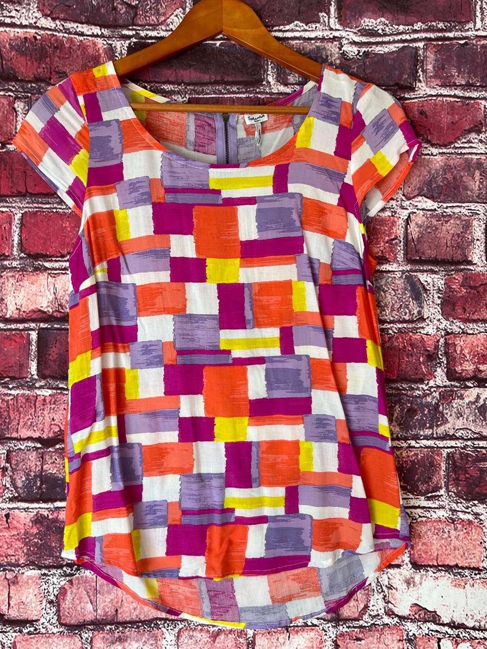 Splendid Short Sleeve Brushstroke Block Print Top in Purple, Orange & Yellow